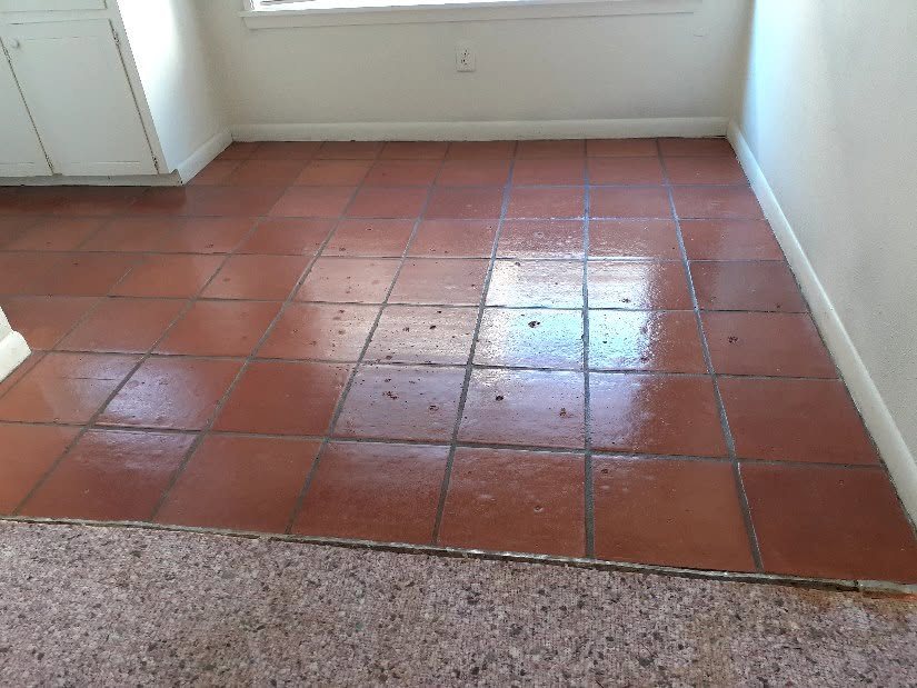 A saltillo tile floor, cleaned