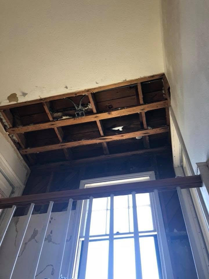 A stairwell ceiling opened up for repair