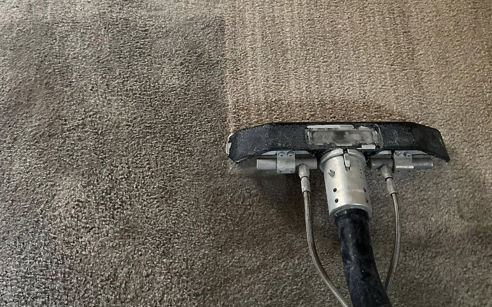 A hot-water extraction wand pulling a clean stripe through dirty carpet